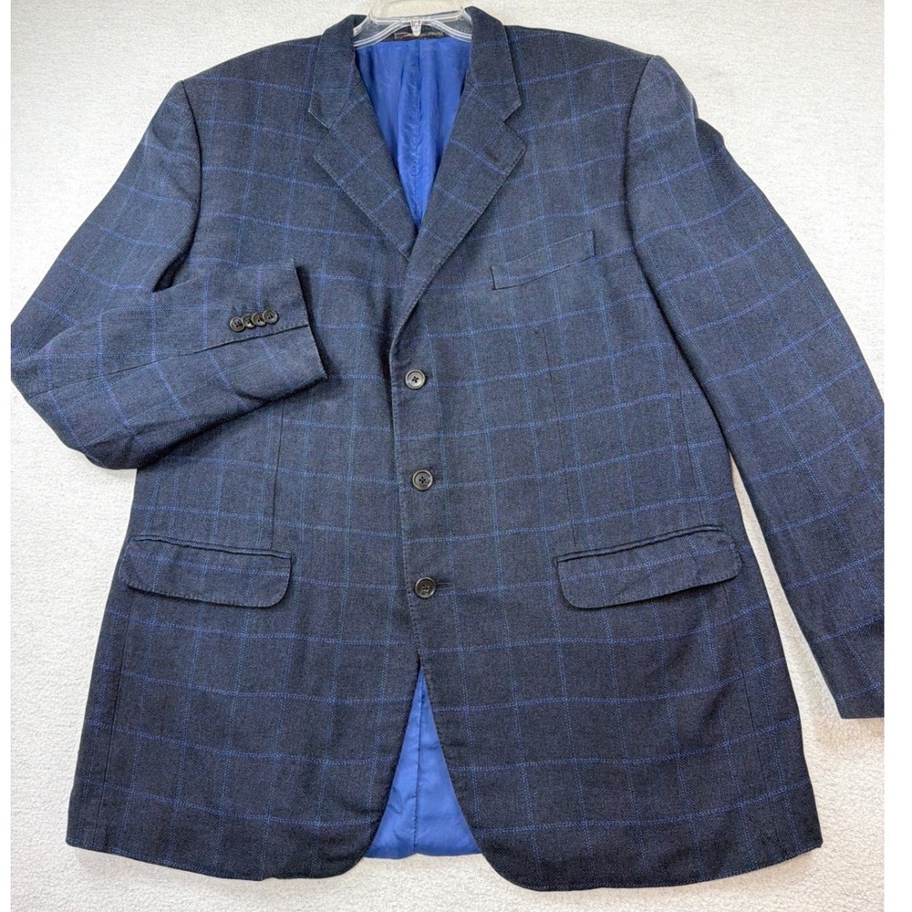 Corneliani Italy 100% Silk Sport Coat Blazer Navy Blue Windowpane 58L 48L US